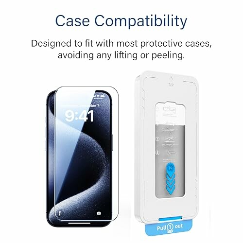 Phone screen protector showing case compatibility with installation tool.