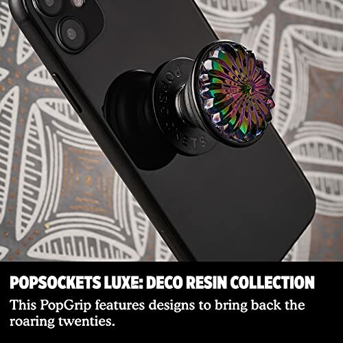 PopSocket Luxe Deco Resin on smartphone with art deco background.