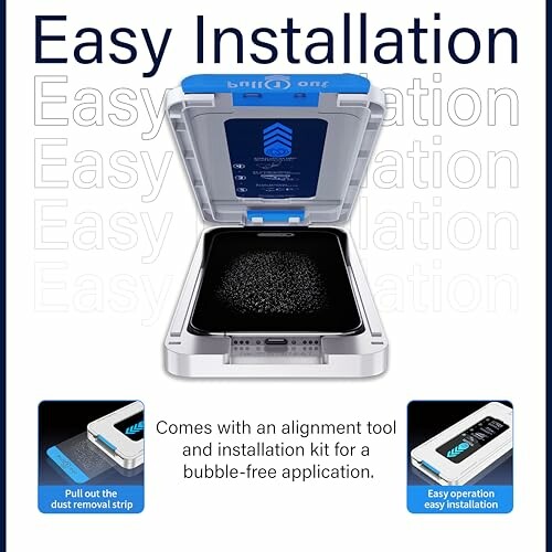 Screen protector installation kit with alignment tool and instructions.