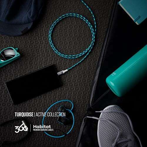 Turquoise-themed active collection with phone, charging cable, and accessories