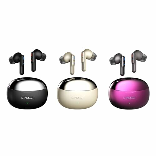 Three pairs of wireless earbuds with charging cases in black, gold, and purple.